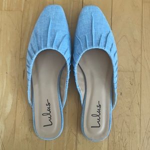 Saphira Blue Chambray Square Toe Mules; Size 8; Blue Chambray; Brand: Lulus.